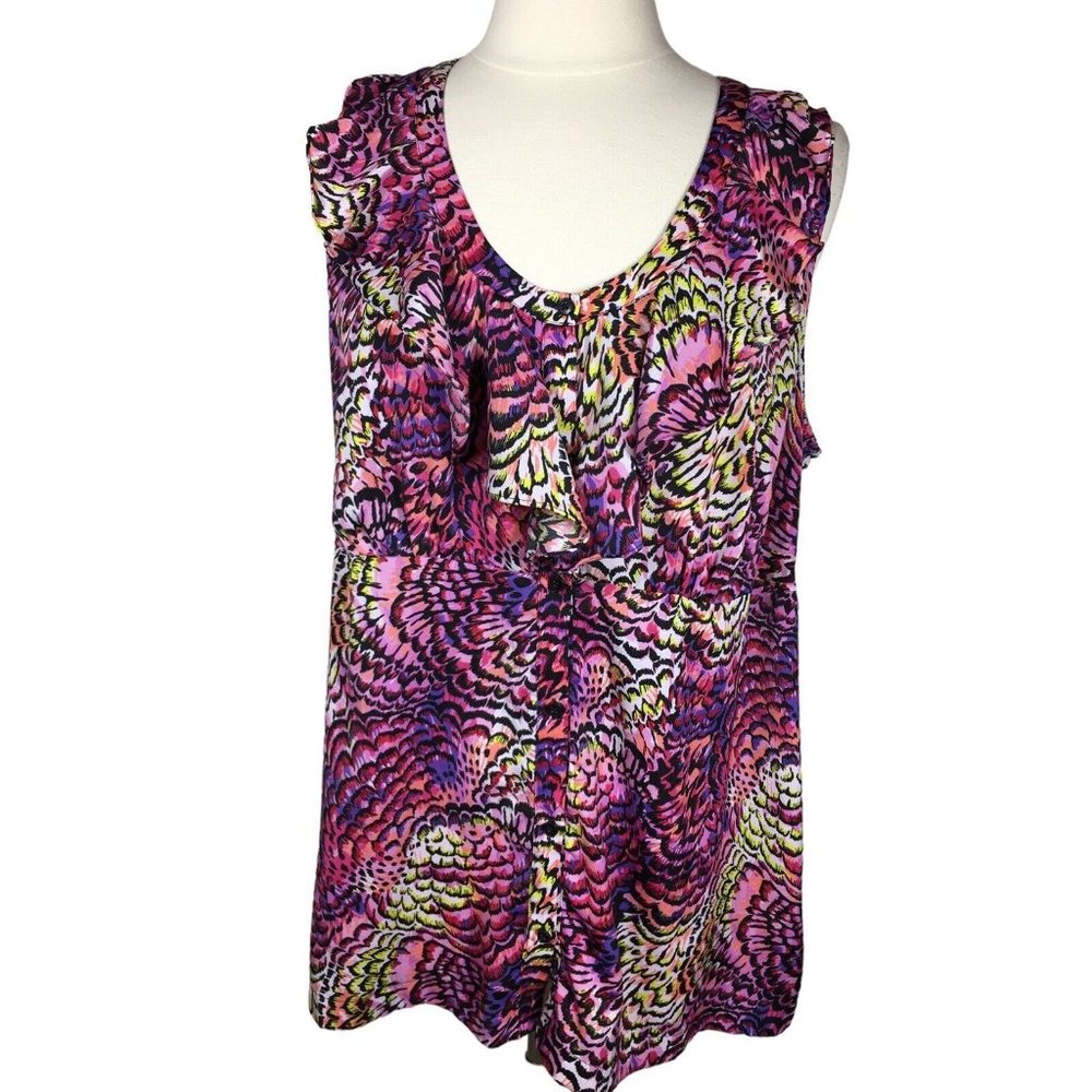 Lane Bryant Woman's 18 Plus Size Tank Top Blouse Floral Button Front Ruffle  F28
